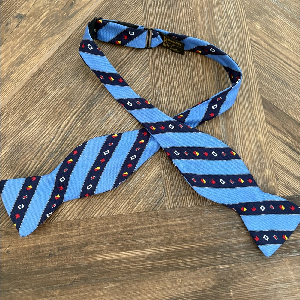 Rhanauer for MH Frank Nautical Patterned Silk Bow Tie Light Blue and Navy